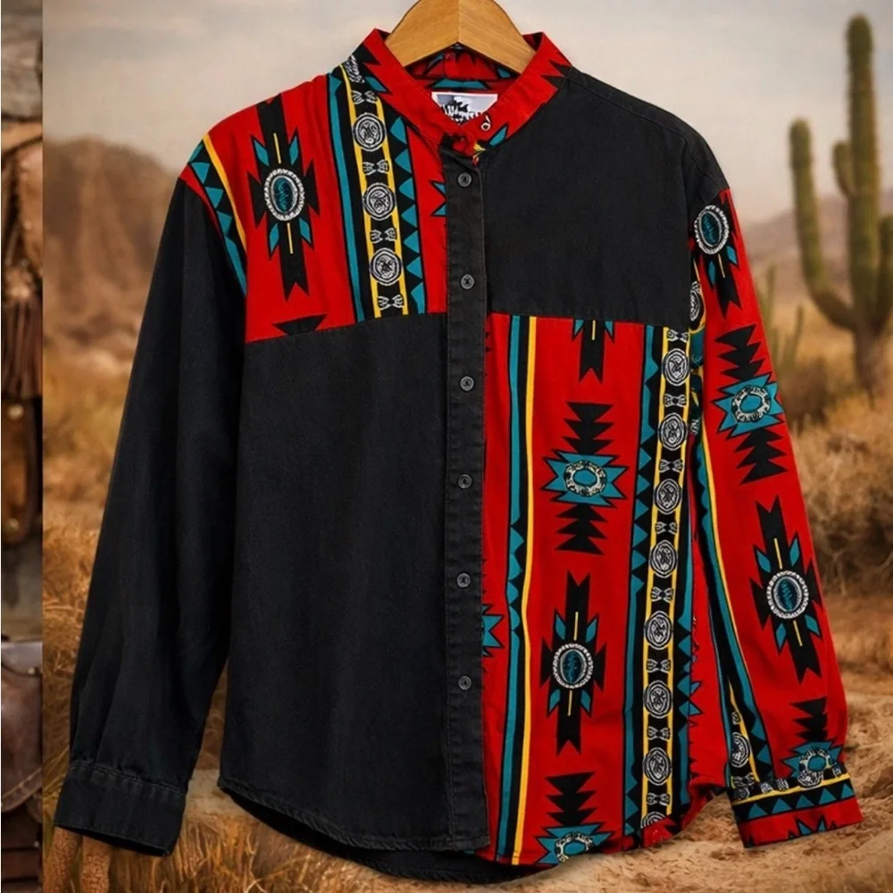 Vintage 90s Southwestern Western Shirt Red Black Turquoise Rodeo Size 10